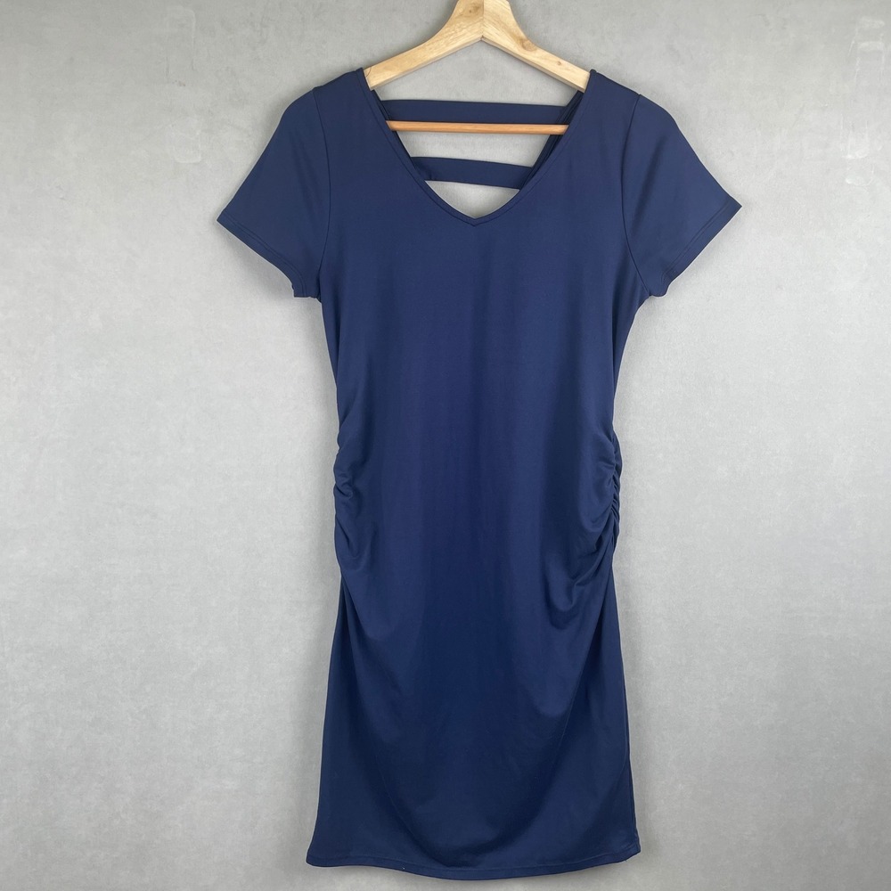 Full Moon Maternity Blue Ruched Side V-Neck Strappy Back Chic Dress‎ M USA Made